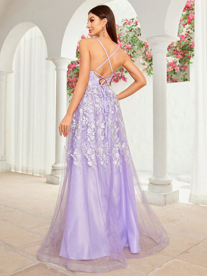 Dressime Elegant A Line Spaghetti Straps Tulle Appliques Long Formal Dress
