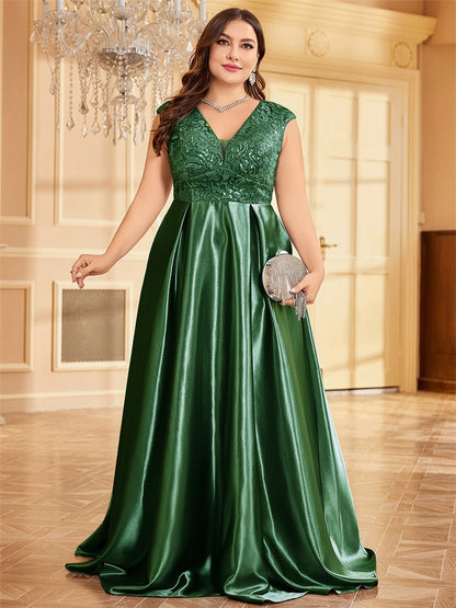 Dressime Plus Size A Line V Neck Sleeveless Satin Long Formal Dress With Appliques