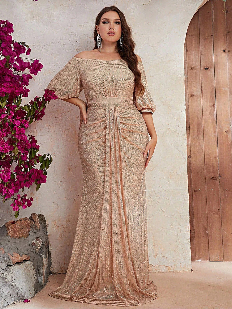 Dressime Sparkly Sheath Off The Shoulder Sequin Half Sleeves Long Formal Dress