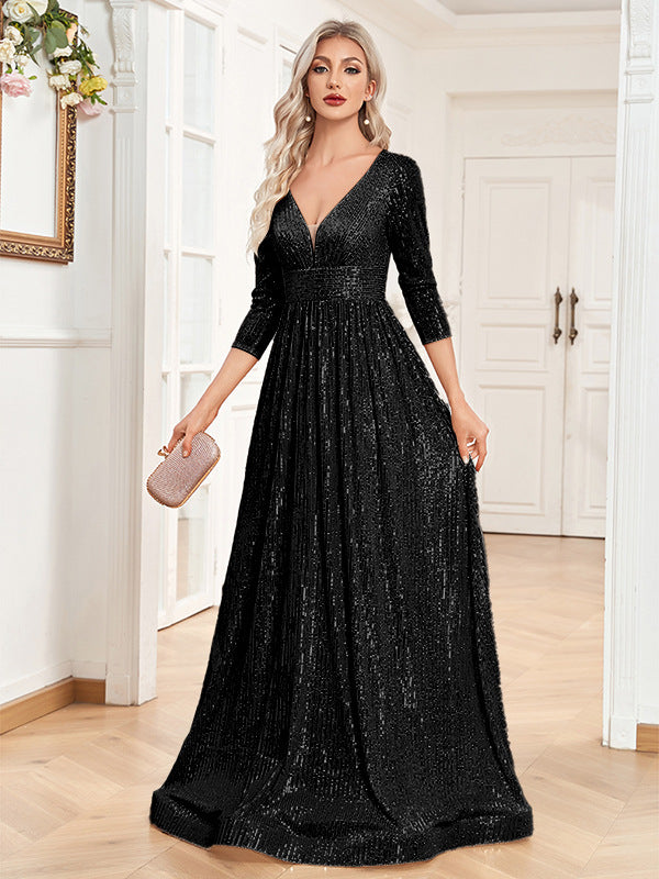 Dressime Sparkly A Line V Neck Sequin Long Sleeves Long Formal Dress
