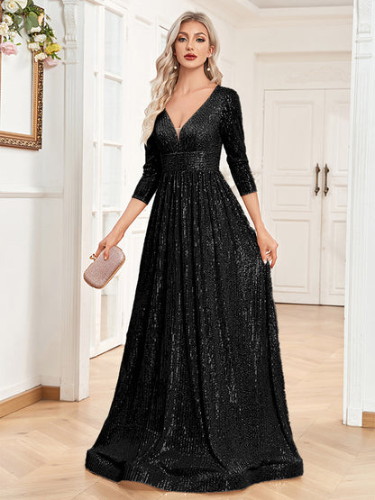 Dressime Sparkly A Line V Neck Sequin Long Sleeves Long Formal Dress
