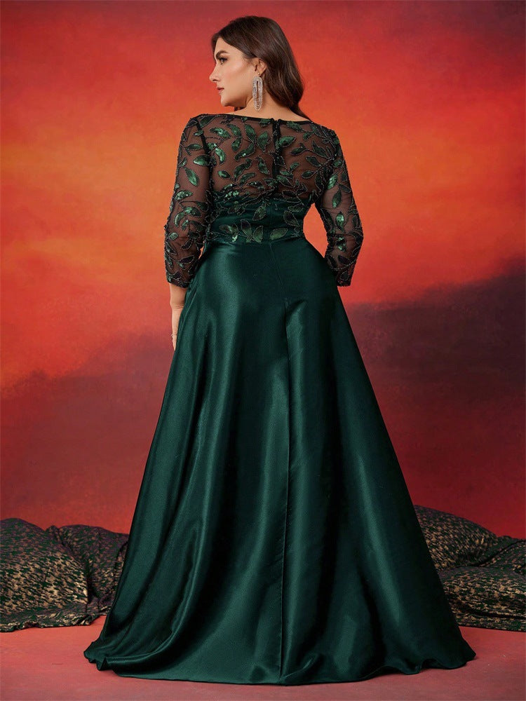 Dressime Plus Size A Line V Neck Long Sleeves Satin Sequin Long Formal Dress