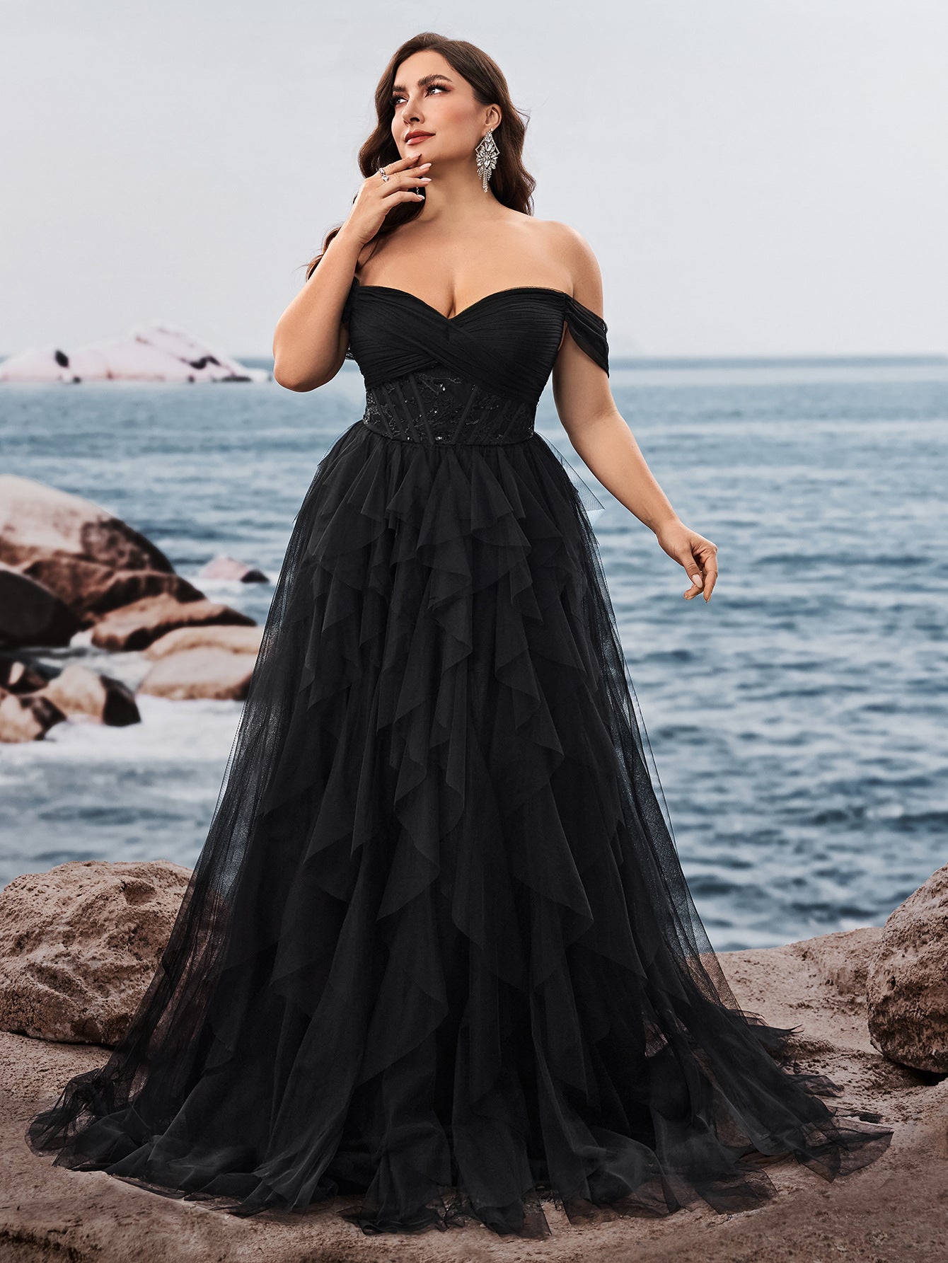 Dressime Plus Size A Line Off The Shoulder Tulle Ruffled Long Formal Dress