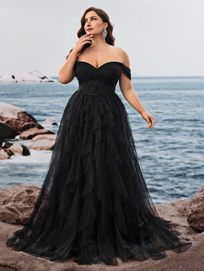 Dressime Plus Size A Line Off The Shoulder Tulle Ruffled Long Formal Dress
