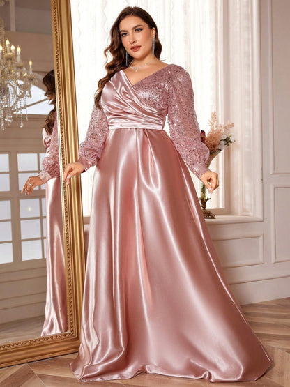 Dressime Plus Size A Line V Neck Long Sleeves Satin Sequin Long Formal Dress
