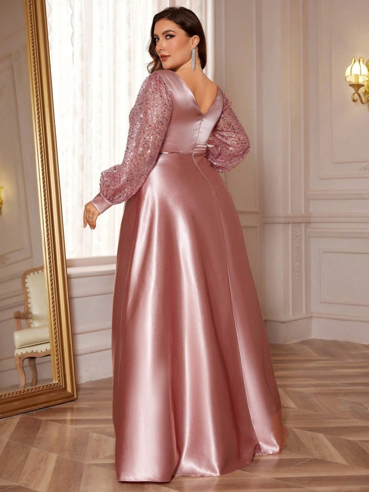 Dressime Plus Size A Line V Neck Long Sleeves Satin Sequin Long Formal Dress