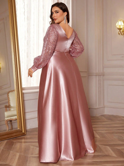 Dressime Plus Size A Line V Neck Long Sleeves Satin Sequin Long Formal Dress