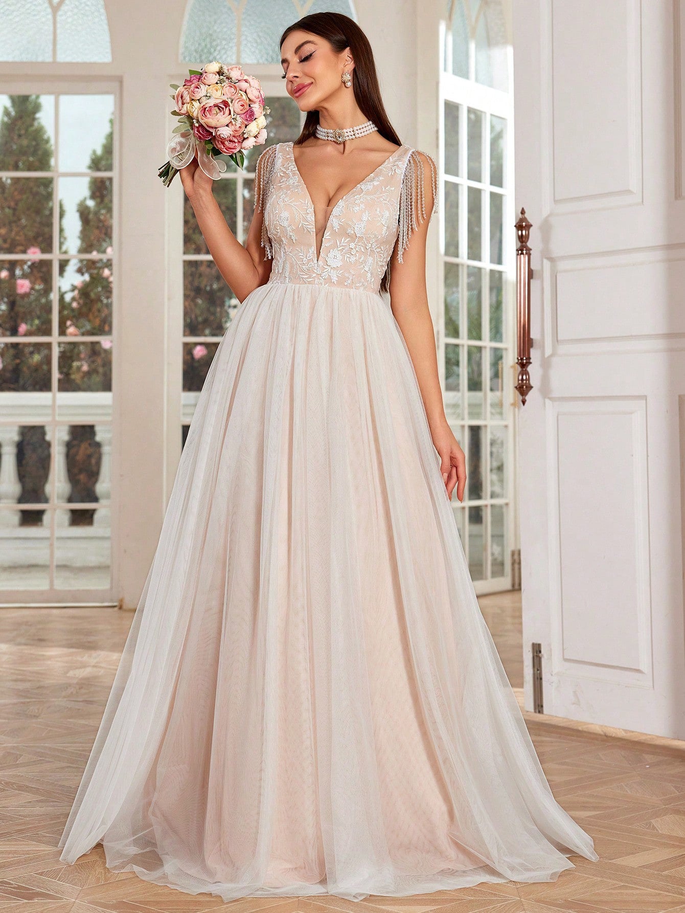 Dressime Stylish A Line V Neck Tulle Appliques Long Formal Dress With Fringes