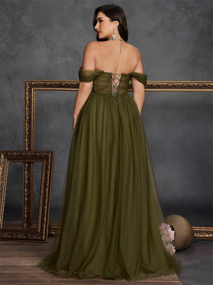 Dressime Plus Size A Line Off The Shoulder Corset Tulle Appliques Long Formal Dress
