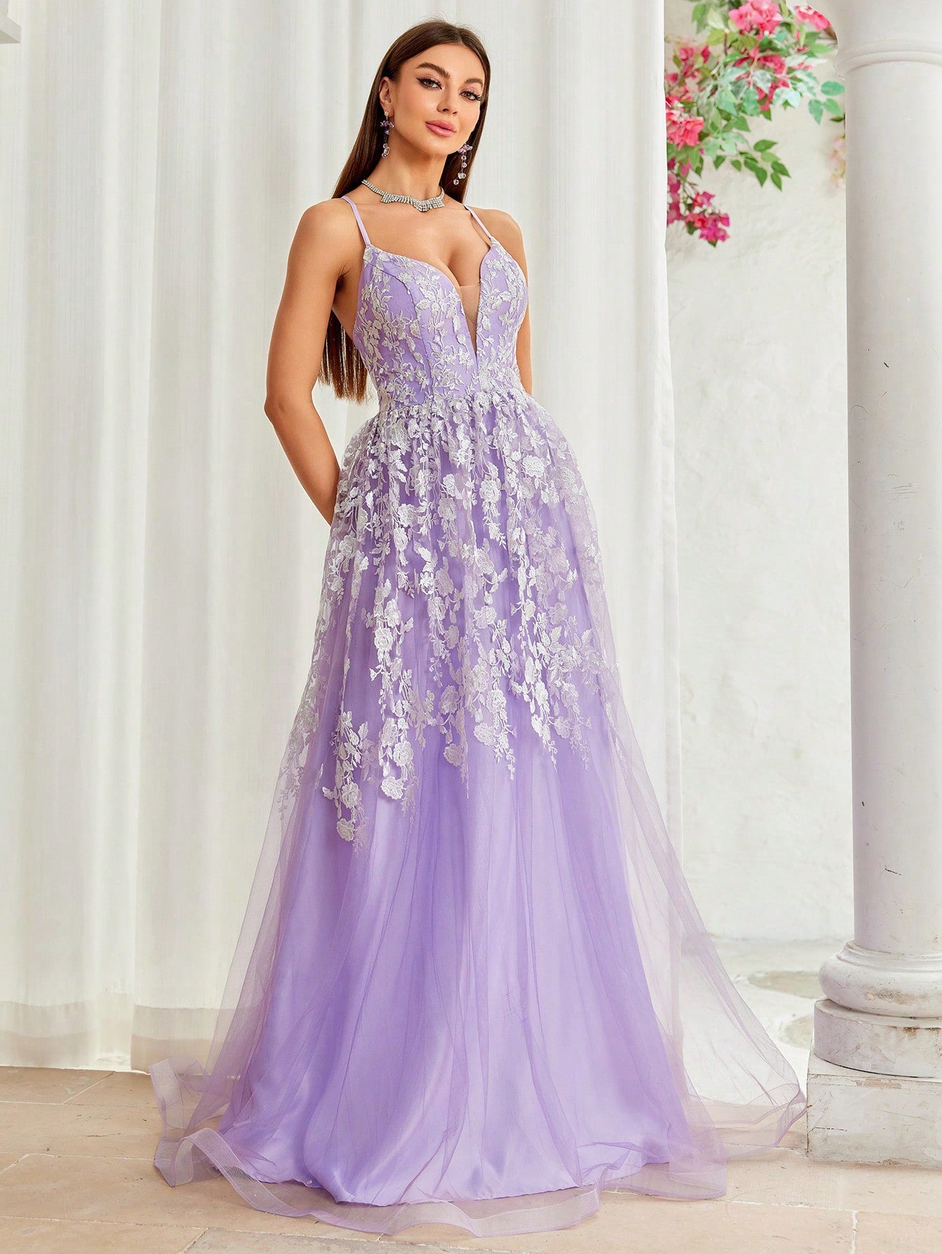 Dressime Woman's Elegant Purple Prom Dres A Line Spaghetti Straps Tulle Appliques Long Formal Dress – dressime