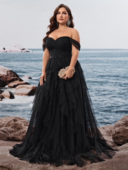 Dressime Plus Size A Line Off The Shoulder Tulle Ruffled Long Formal Dress