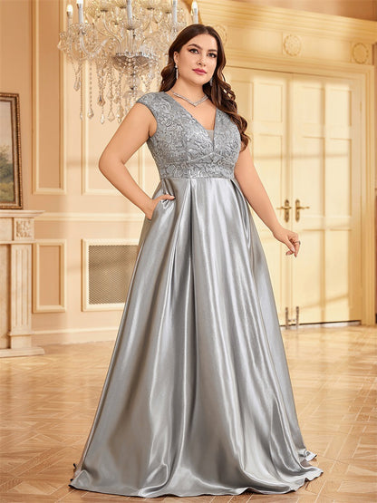 Dressime Plus Size A Line V Neck Sleeveless Satin Long Formal Dress With Appliques