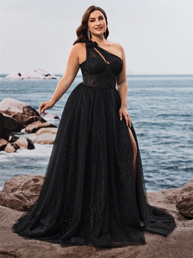 Dressime Plus Size A Line One Shoulder Tulle Long Formal Dress With Slit