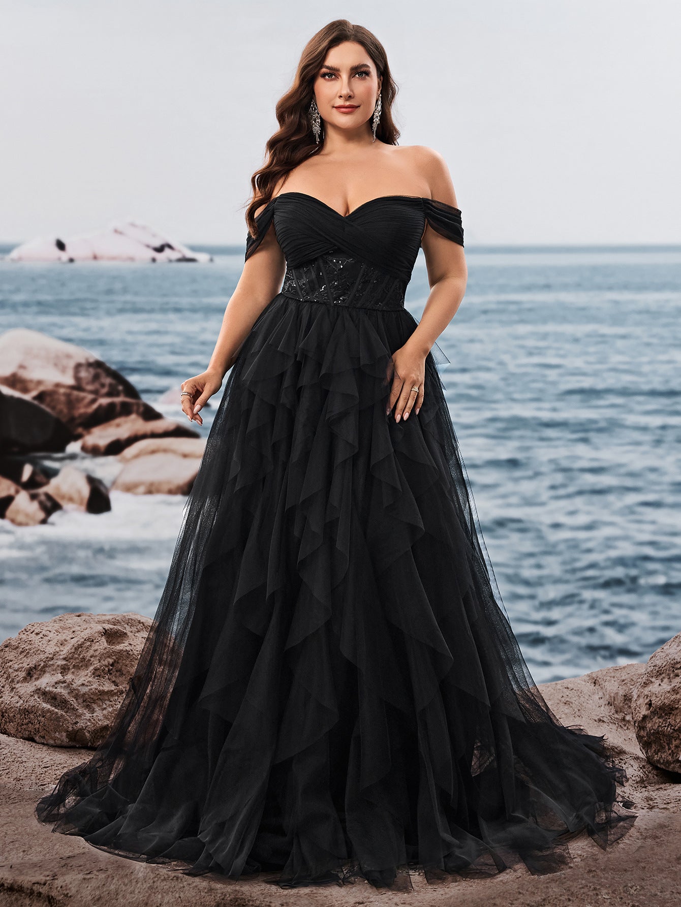 Dressime Plus Size A Line Off The Shoulder Tulle Ruffled Long Formal Dress