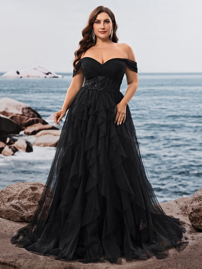 Dressime Plus Size A Line Off The Shoulder Tulle Ruffled Long Formal Dress