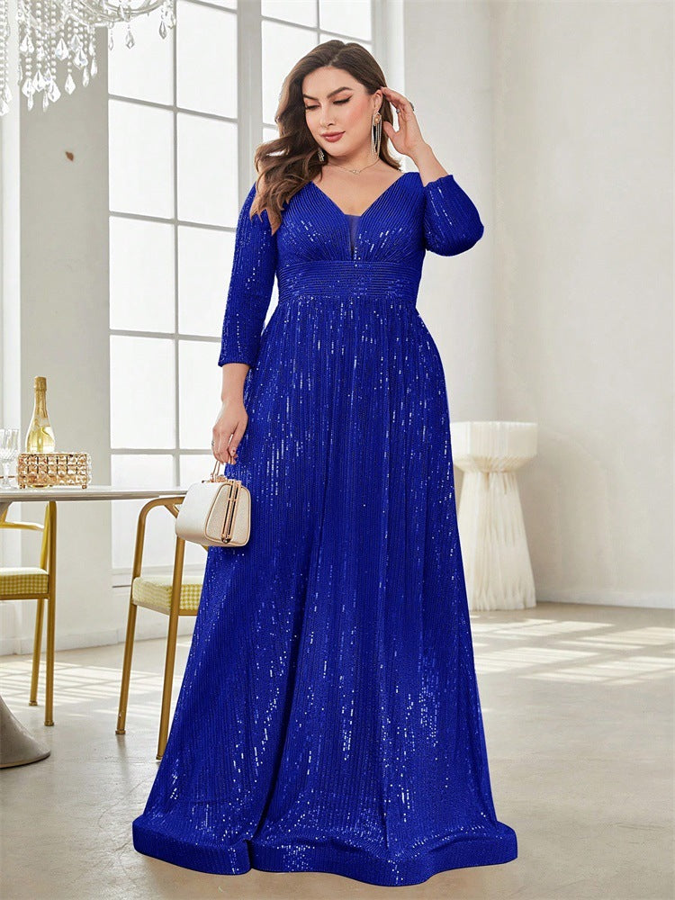 Dressime Plus Size Sparkly A Line V Neck Sequin Long Sleeves Long Formal Dress