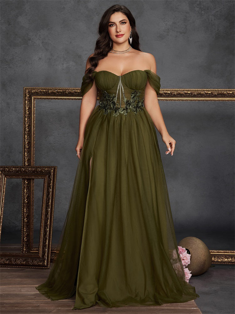 Dressime Plus Size A Line Off The Shoulder Corset Tulle Appliques Long Formal Dress