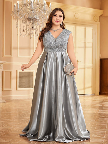 Dressime Woman's Plus Size Silver Evening Dress A Line V Neck Sleeveless Satin Long Formal Dress With Appliques dressime Dressime Woman's Plus Size Silver Evening Dress A Line V Neck Sleeveless Satin Long Formal Dress With Appliques dressime