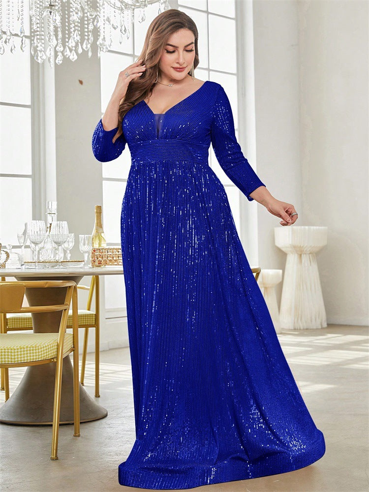 Dressime Plus Size Sparkly A Line V Neck Sequin Long Sleeves Long Formal Dress