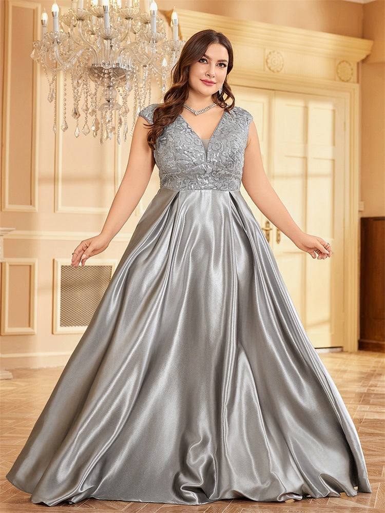 Dressime Plus Size A Line V Neck Sleeveless Satin Long Formal Dress With Appliques
