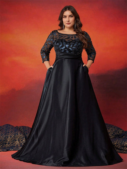 Dressime Plus Size A Line V Neck Long Sleeves Satin Sequin Long Formal Dress