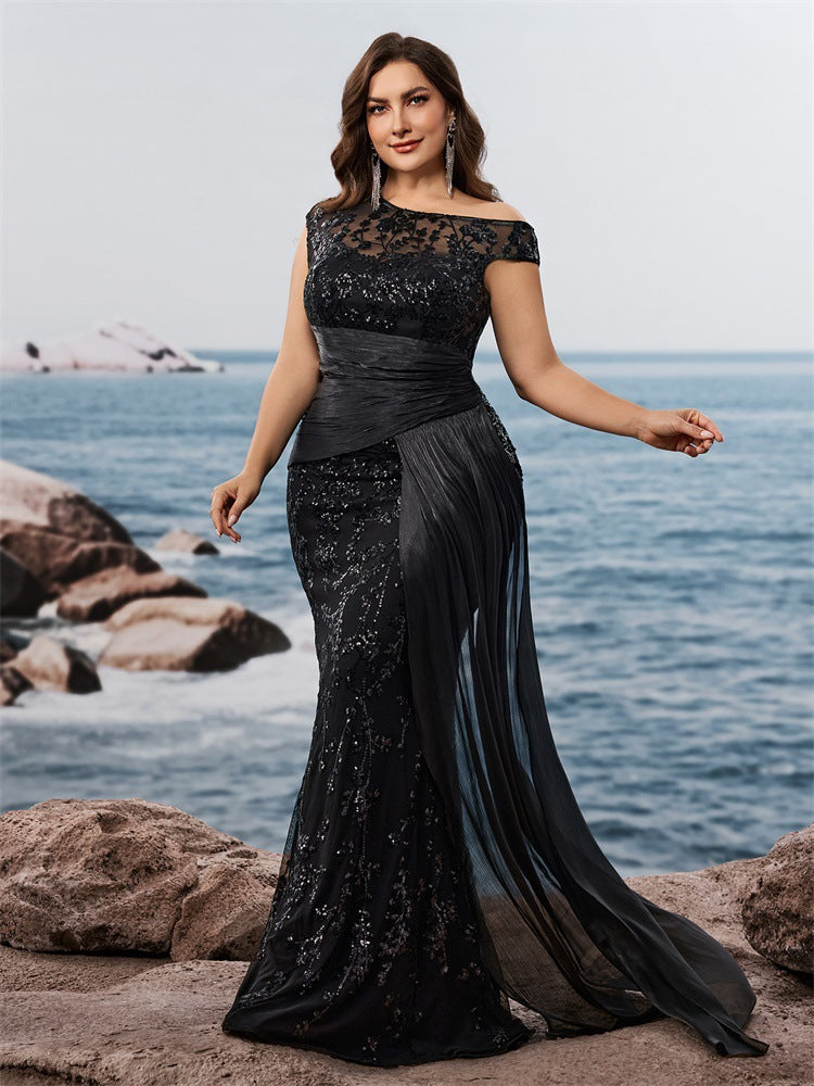 Dressime Plus Size Sheath One Shoulder Appliques Long Formal Dress With Train