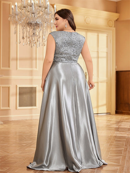 Dressime Plus Size A Line V Neck Sleeveless Satin Long Formal Dress With Appliques