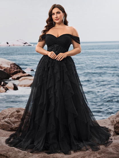 Dressime Plus Size A Line Off The Shoulder Tulle Ruffled Long Formal Dress