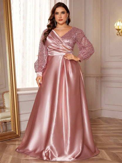 Dressime Plus Size A Line V Neck Long Sleeves Satin Sequin Long Formal Dress