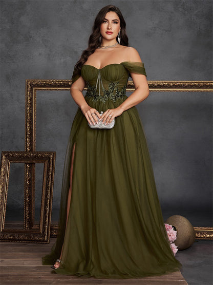 Dressime Plus Size A Line Off The Shoulder Corset Tulle Appliques Long Formal Dress