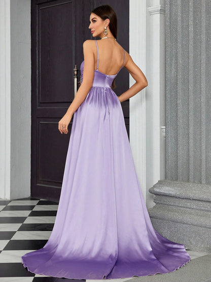 Dressime Elegant A Line Spaghetti Straps Satin Keyhole Long Formal Dress With Slit