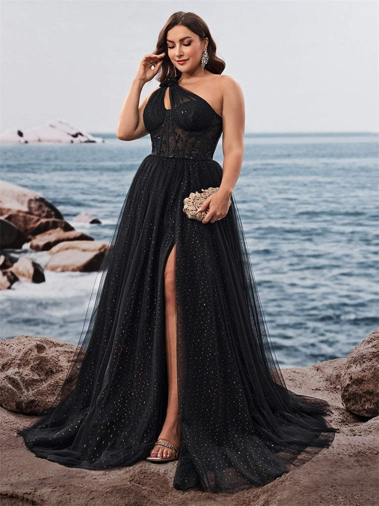 Dressime Plus Size A Line One Shoulder Tulle Long Formal Dress With Slit
