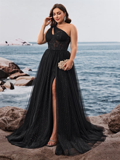 Dressime Plus Size A Line One Shoulder Tulle Long Formal Dress With Slit