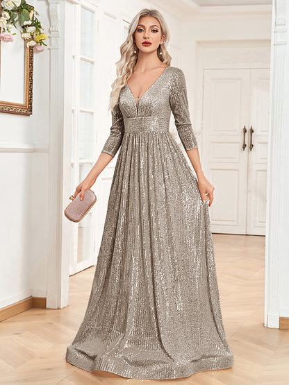 Dressime Sparkly A Line V Neck Sequin Long Sleeves Long Formal Dress