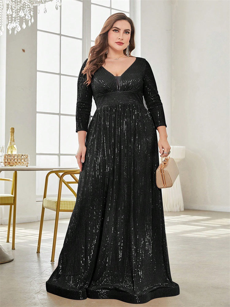 Dressime Plus Size Sparkly A Line V Neck Sequin Long Sleeves Long Formal Dress