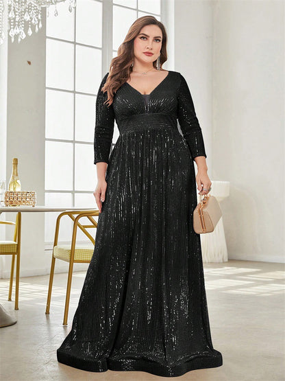 Dressime Plus Size Sparkly A Line V Neck Sequin Long Sleeves Long Formal Dress