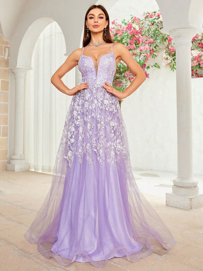 Dressime Elegant A Line Spaghetti Straps Tulle Appliques Long Formal Dress