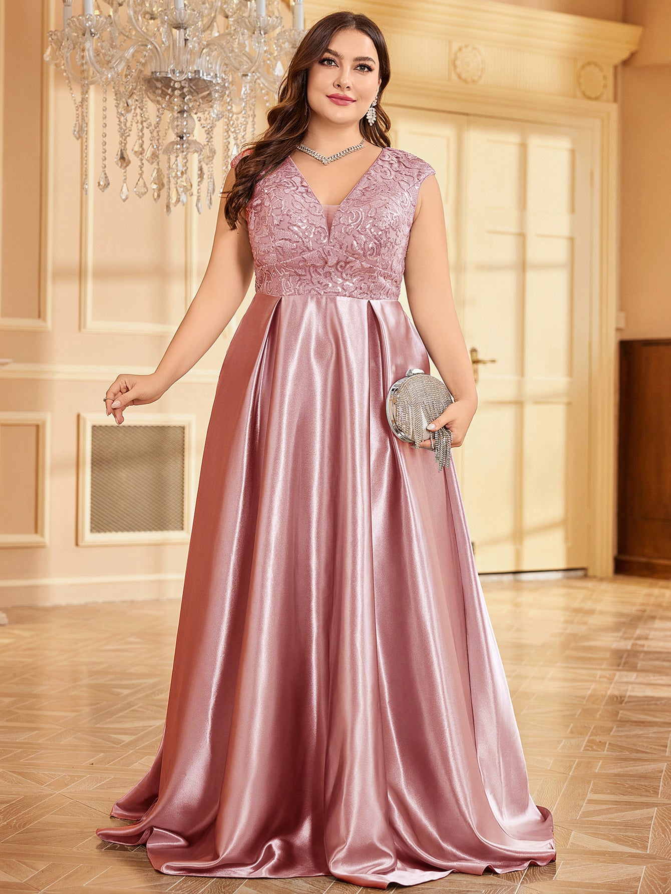 Dressime Plus Size A Line V Neck Sleeveless Satin Long Formal Dress With Appliques