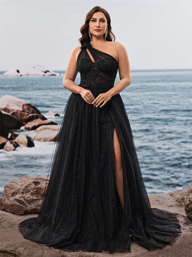 Dressime Plus Size A Line One Shoulder Tulle Long Formal Dress With Slit