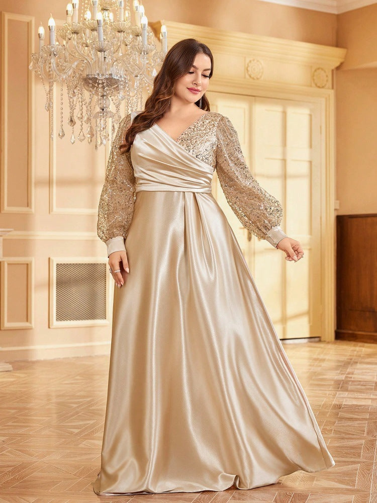 Dressime Plus Size A Line V Neck Long Sleeves Satin Sequin Long Formal Dress