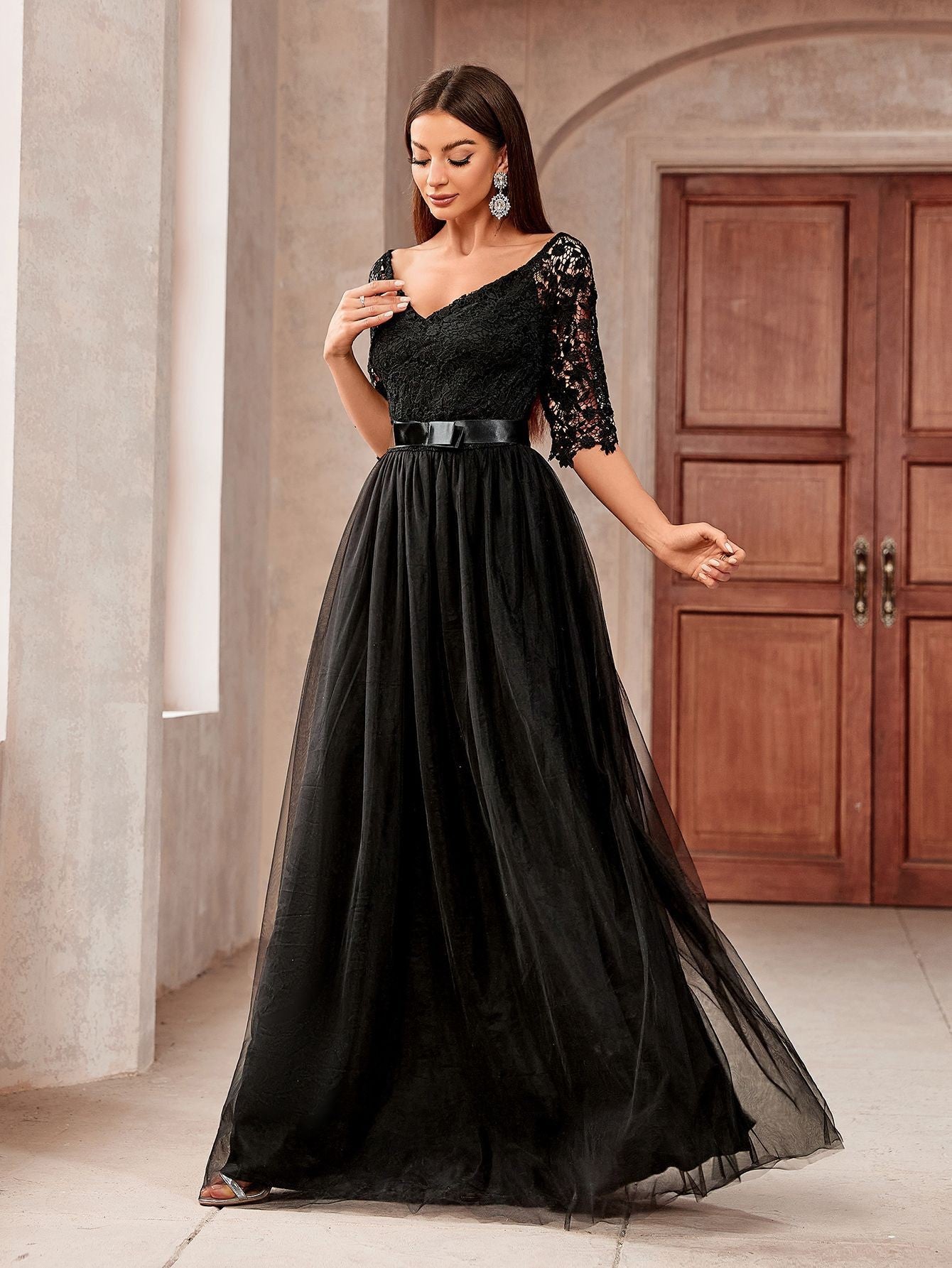Dressime Stylish A Line V Neck Tulle Lace Half Sleeves Long Formal Dress With Belt
