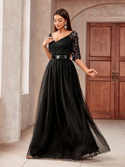 Dressime Stylish A Line V Neck Tulle Lace Half Sleeves Long Formal Dress With Belt