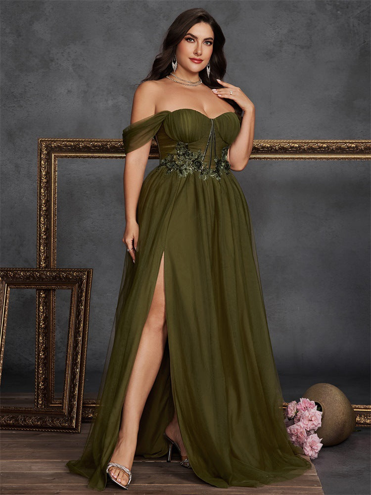 Dressime Plus Size A Line Off The Shoulder Corset Tulle Appliques Long Formal Dress