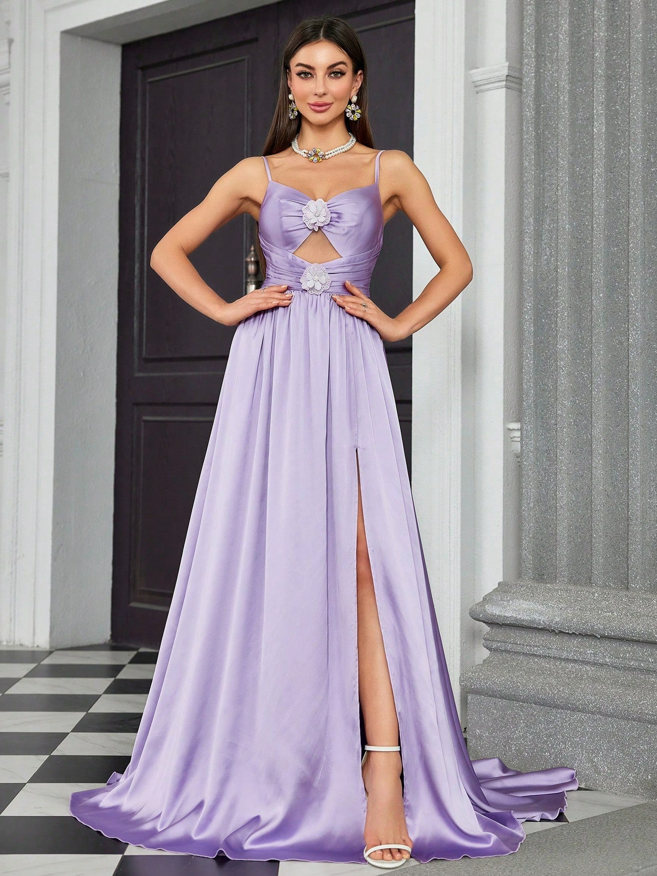 Dressime Elegant A Line Spaghetti Straps Satin Keyhole Long Formal Dress With Slit