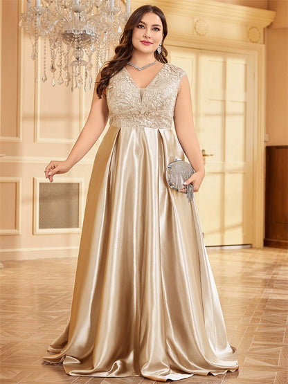 Dressime Plus Size A Line V Neck Sleeveless Satin Long Formal Dress With Appliques