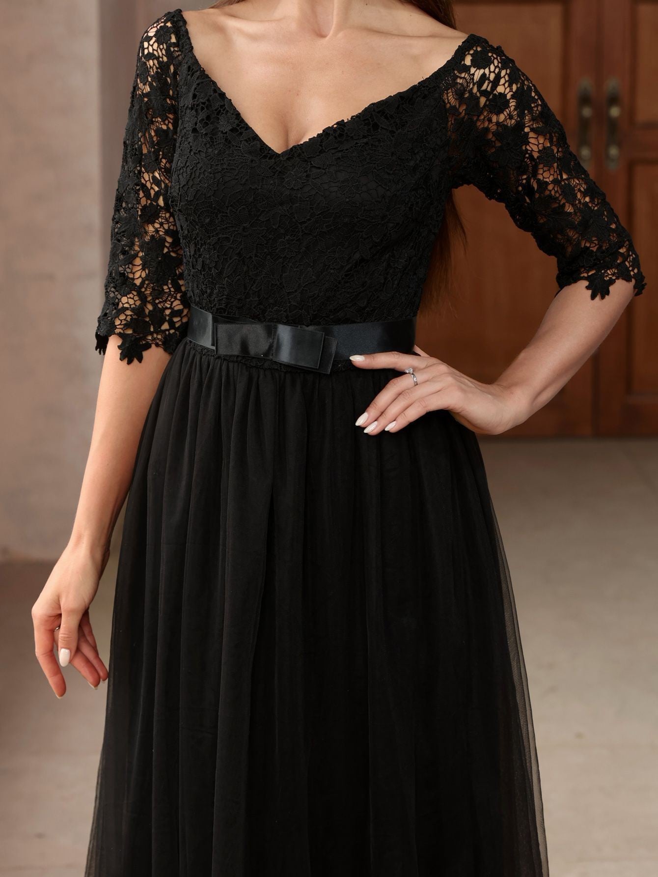 Dressime Stylish A Line V Neck Tulle Lace Half Sleeves Long Formal Dress With Belt