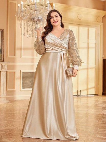 Dressime Plus Size A Line V Neck Long Sleeves Satin Sequin Long Formal Dress
