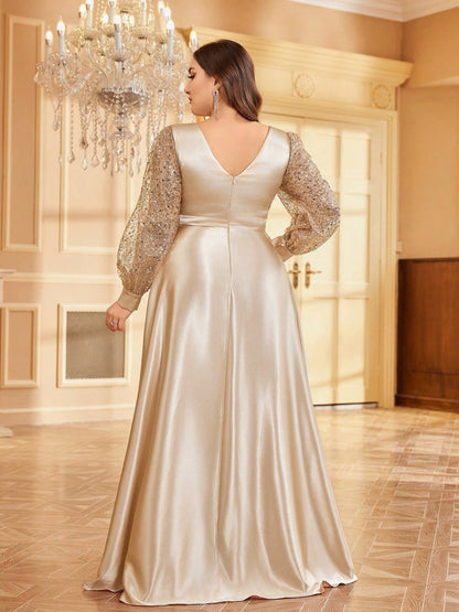 Dressime Plus Size A Line V Neck Long Sleeves Satin Sequin Long Formal Dress