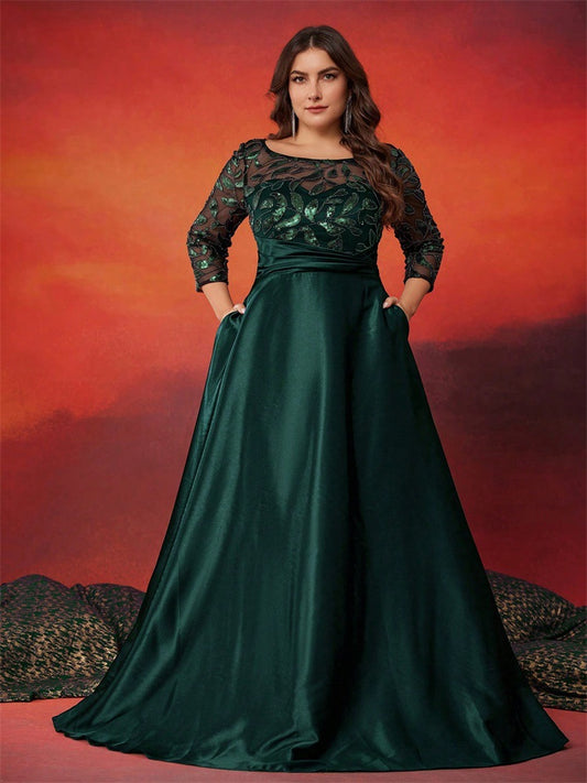 Dressime Plus Size A Line V Neck Long Sleeves Satin Sequin Long Formal Dress