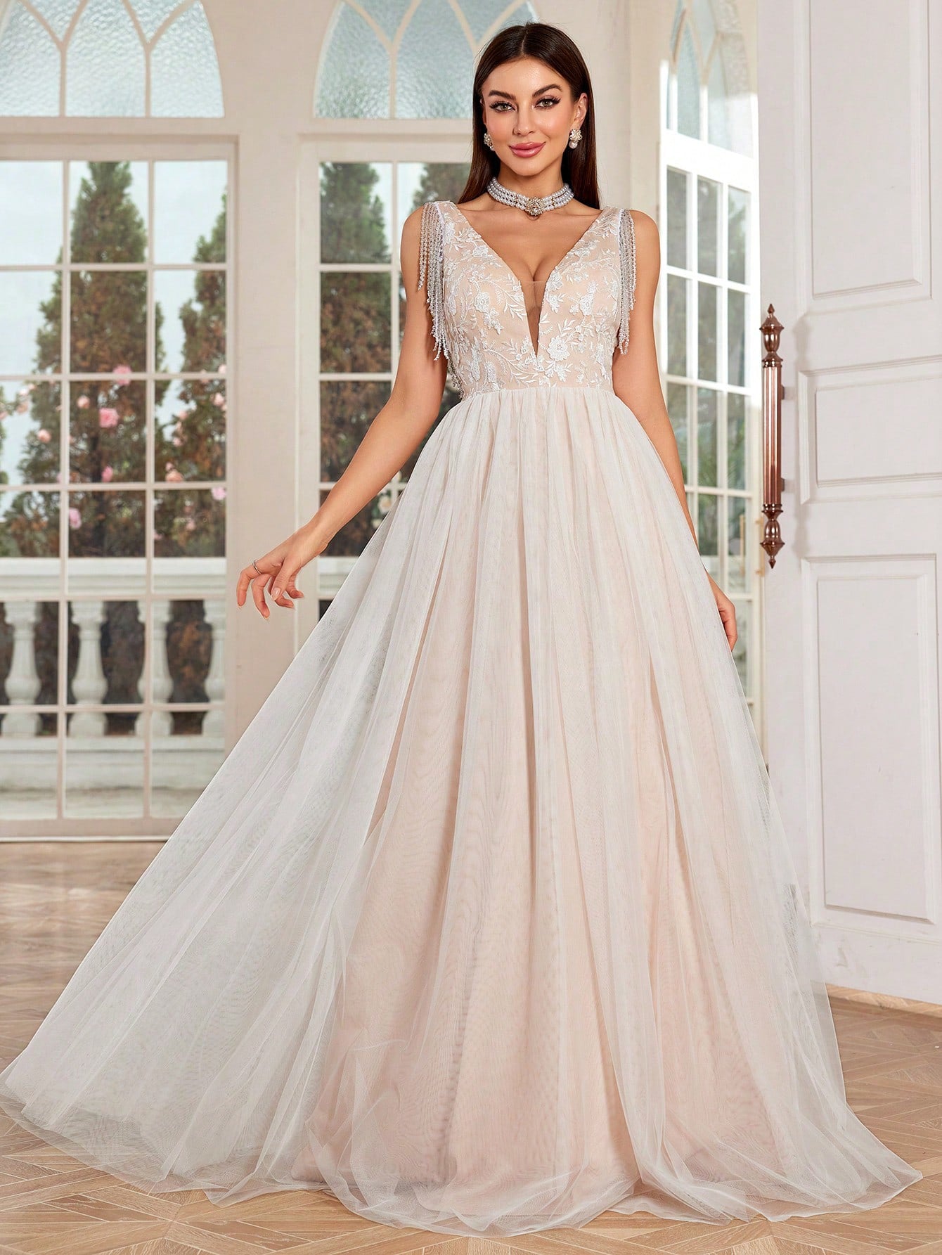 Dressime Stylish A Line V Neck Tulle Appliques Long Formal Dress With Fringes